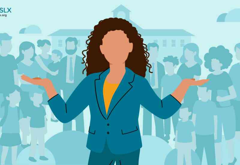 An illustrated image of a whole group of people behind a white woman indicating that it takes the village to raise literacy in our communities.