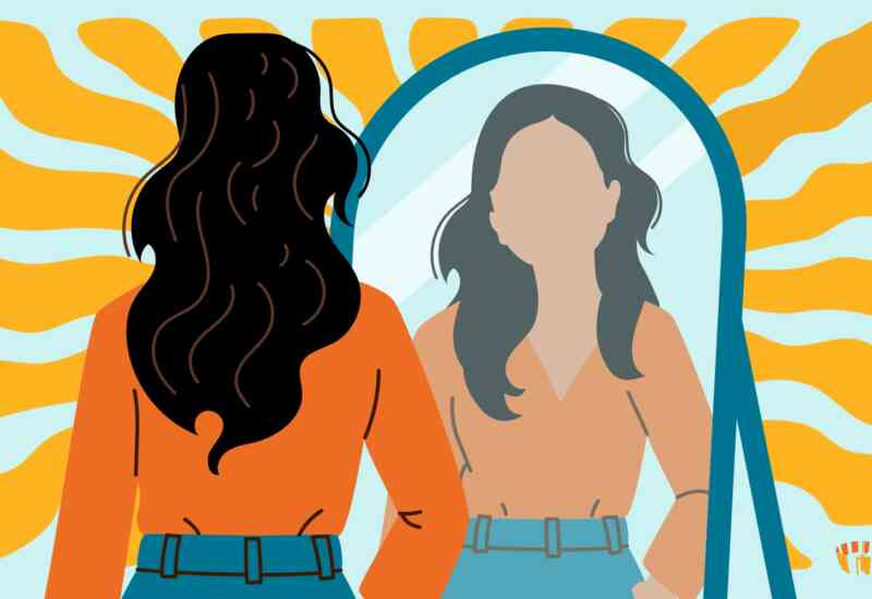 An illustrated image of a woman looking in the mirror.