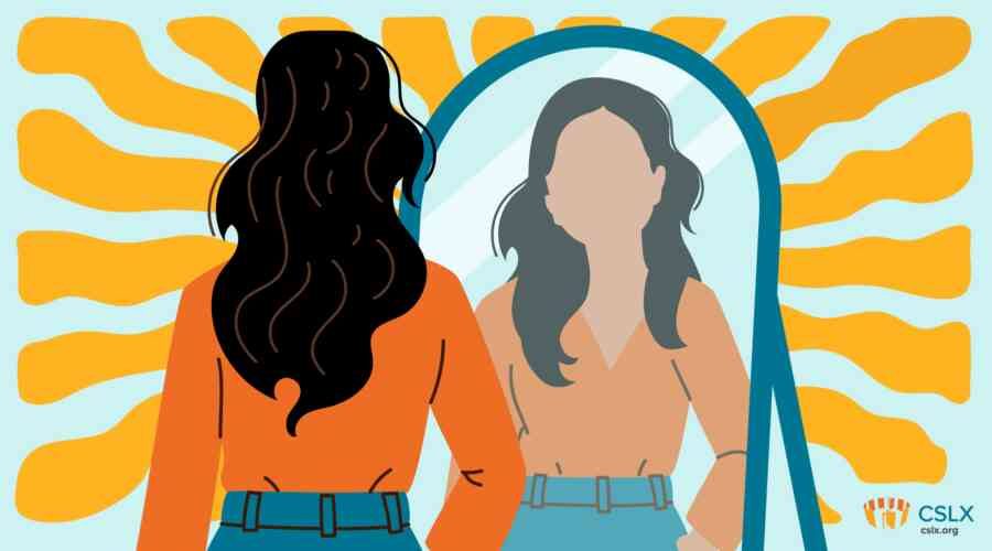An illustrated image of a woman looking in the mirror.