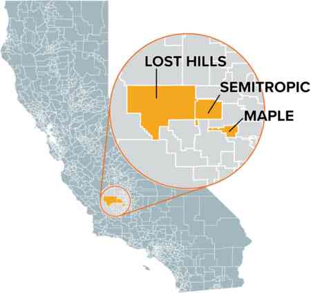 A map showing the california  school districts Lost Hills Union, Maple Elementary, and Semitropic Elementary.