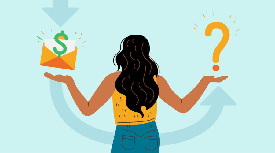 An illustration of a woman facing a dollar sign signifying a grant on the left side, and a question mark on the right side. Woman has long, wavy brown hair, and is wearing jeans and a yellow sleeveless top.