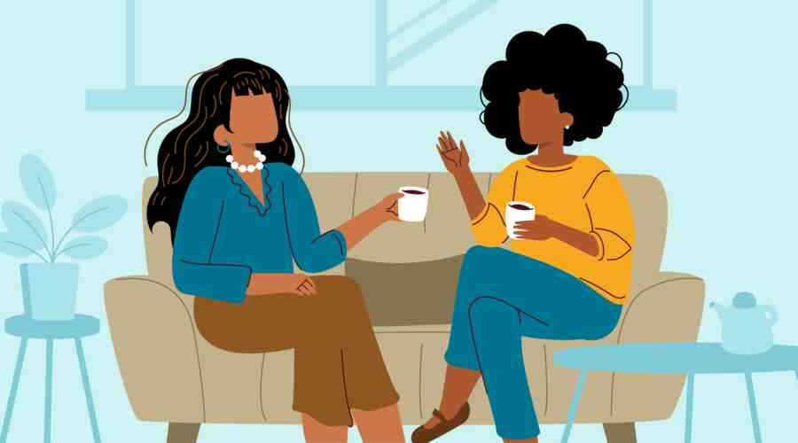 An illustration of a school administrator and a parent in conversation over coffee.