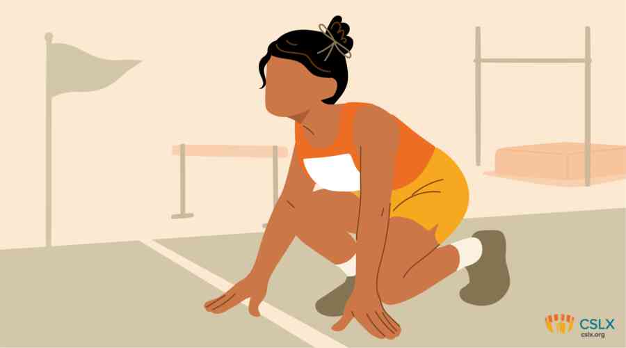 An illustrated image of a young woman at a starting line about to run a race.