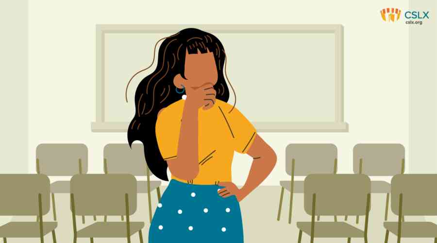 An illustrated image of a woman alone in a classroom, wondering where everyone is.