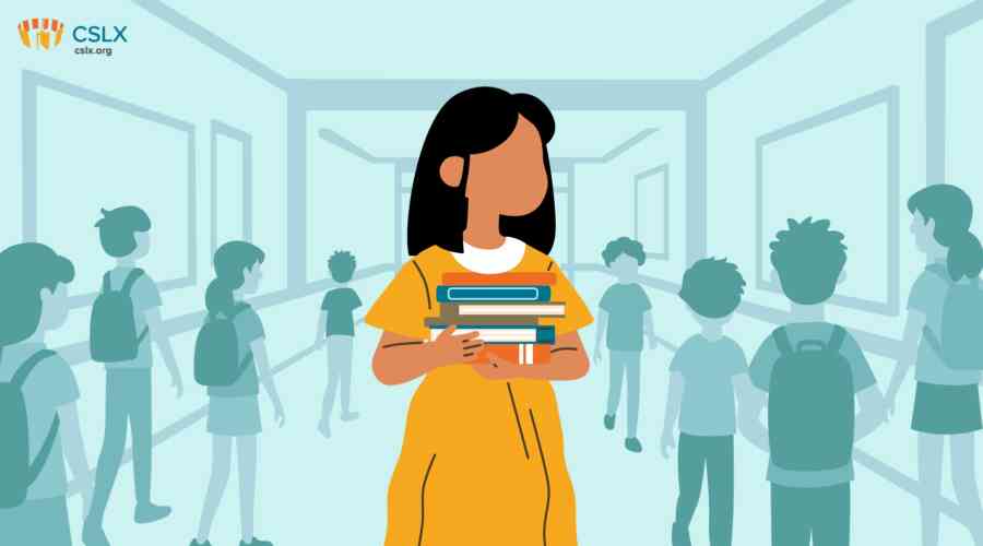 An illustrated image of a young child at school, surrounded by other students in the background