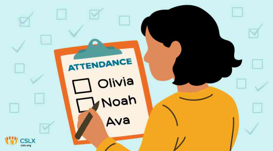 An illustrated image of a woman looking at a clipboard with an attendance sheet on it, checking off names of her students.