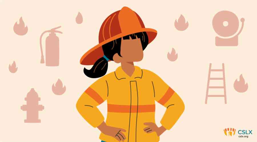 An illustrated image of a brown-haired woman firefighter.