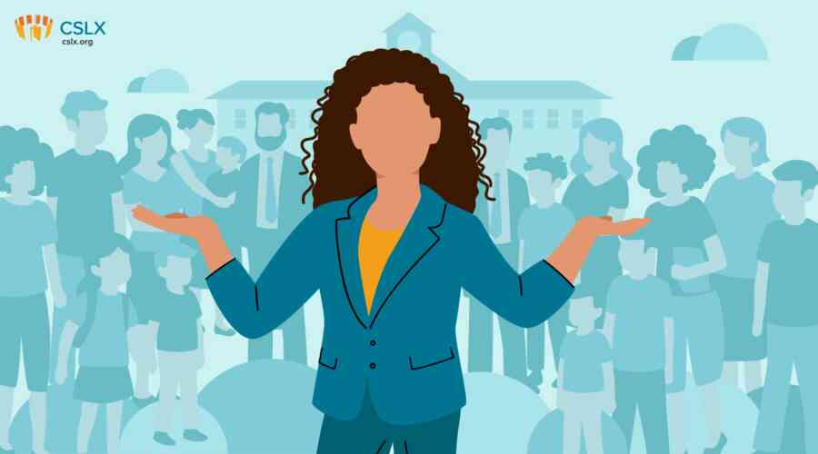 An illustrated image of a whole group of people behind a white woman indicating that it takes the village to raise literacy in our communities.