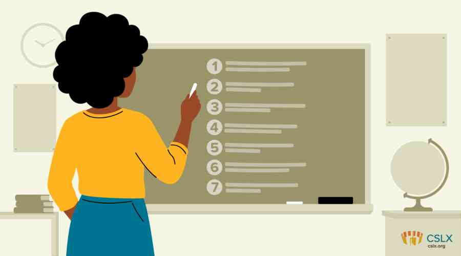 An illustrated image of a woman in a classroom, at a chalkboard numbered 1-7