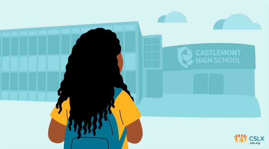 An illustrated image of a young woman walking into her high school, Castlemont High.
