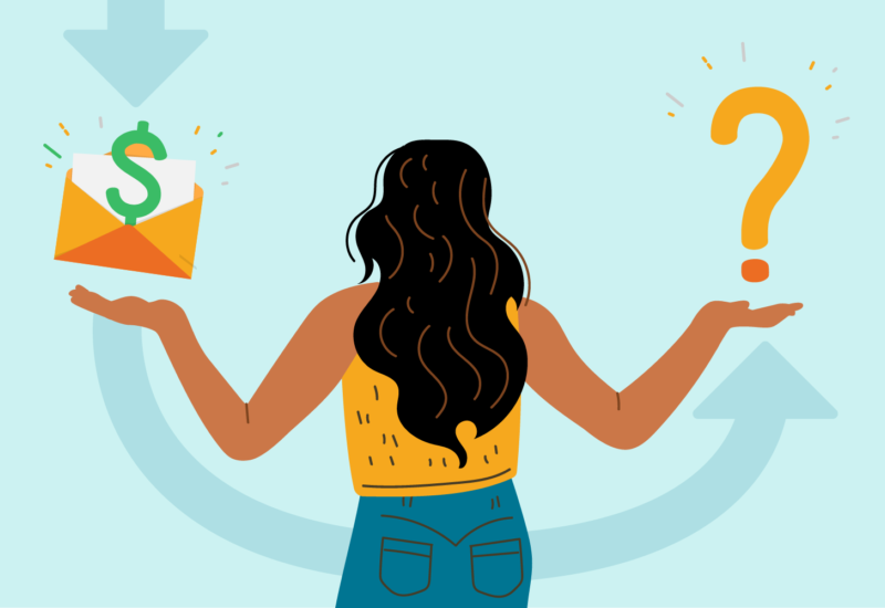 An illustration of a woman facing a dollar sign signifying a grant on the left side, and a question mark on the right side. Woman has long, wavy brown hair, and is wearing jeans and a yellow sleeveless top.