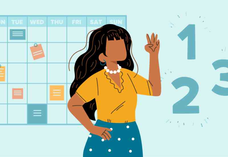 An illustrated image of a young woman with dark brown hair, the numbers 1, 2, and 3, and a calendar in the background.