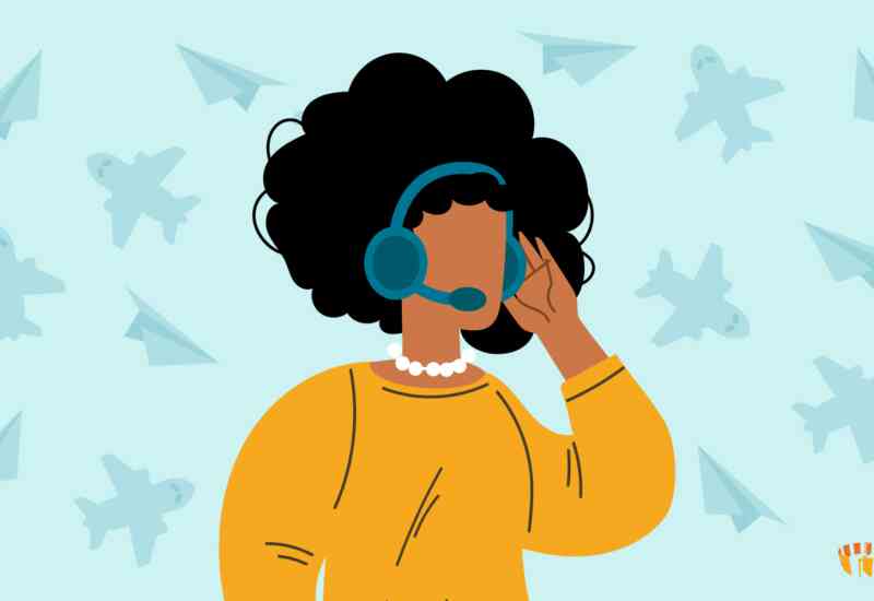 An illustration of a curly-haired woman with a headset, and planes flying behind her.