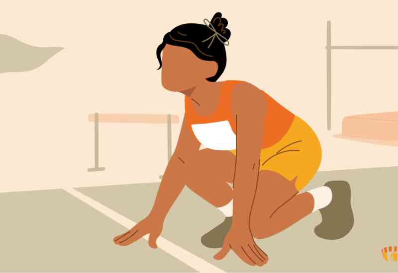 An illustrated image of a young woman at a starting line about to run a race.