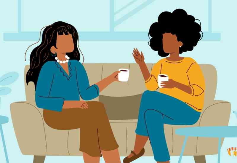 This is a drawing of two women sitting on a sofa sharing coffee and conversation. The style is cartoony, kind of alegria art inspired.