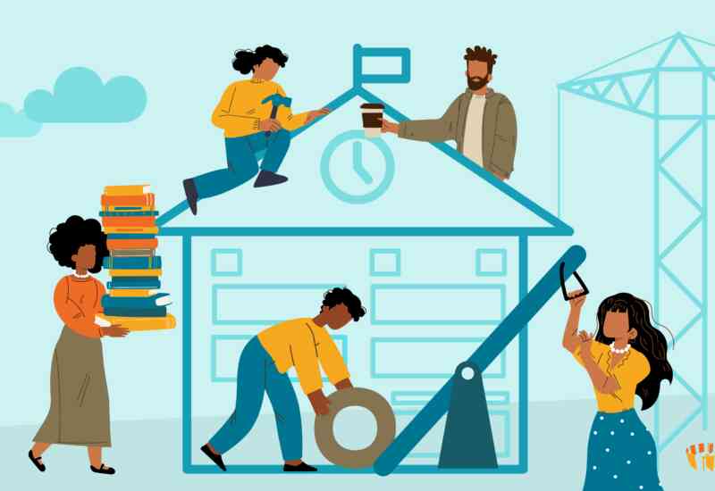 An illustrated image of educators doing different tasks to maintain a school, like moving a stack of books.