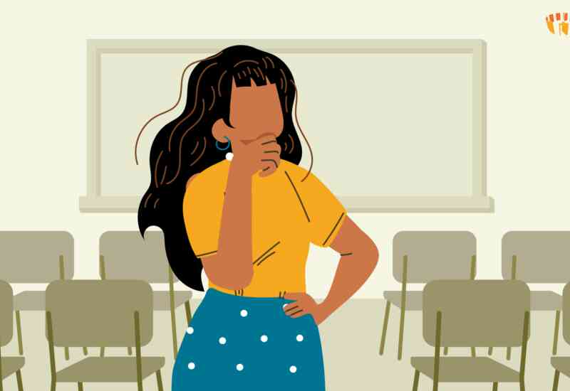 An illustrated image of a woman alone in a classroom, wondering where everyone is.