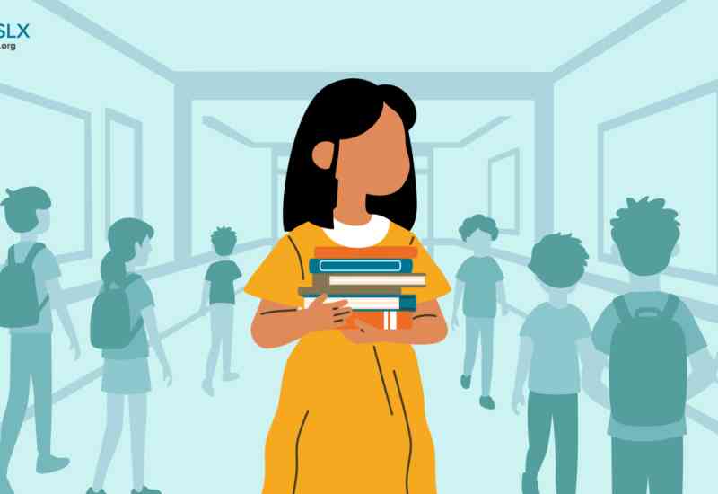 An illustrated image of a young child at school, surrounded by other students in the background