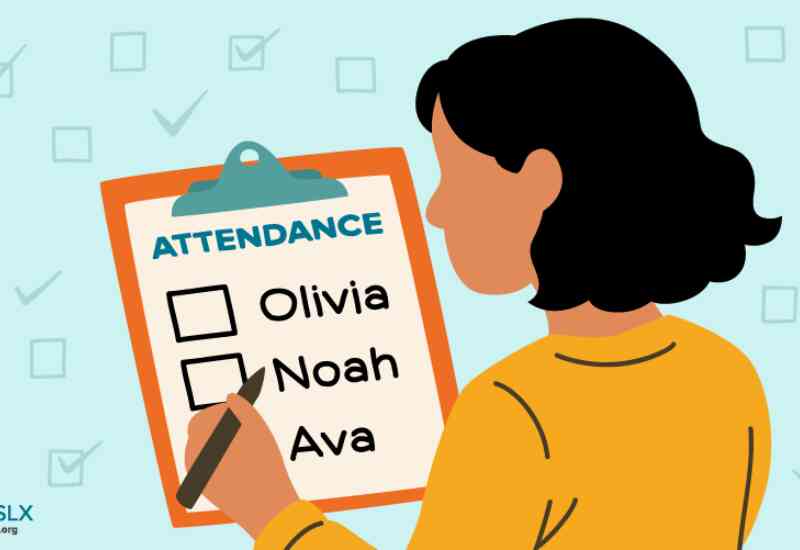 An illustrated image of a woman looking at a clipboard with an attendance sheet on it, checking off names of her students.