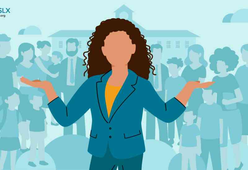 An illustrated image of a whole group of people behind a white woman indicating that it takes the village to raise literacy in our communities.