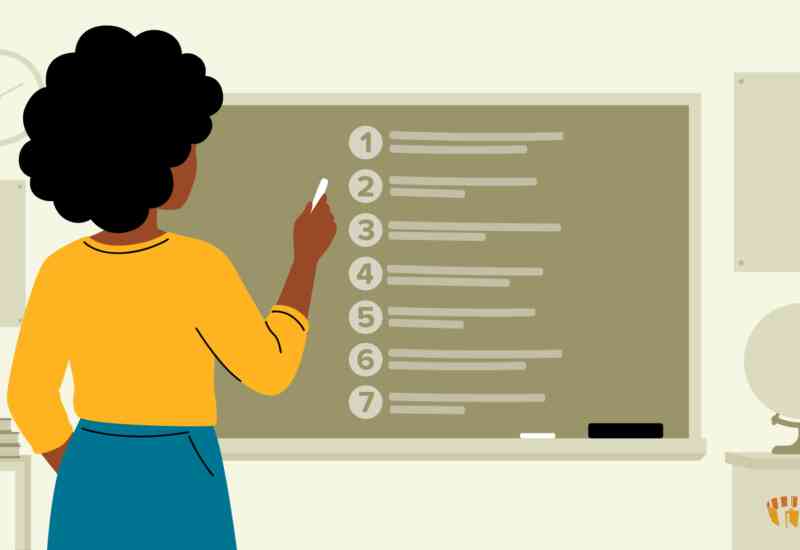 An illustrated image of a woman in a classroom, at a chalkboard numbered 1-7