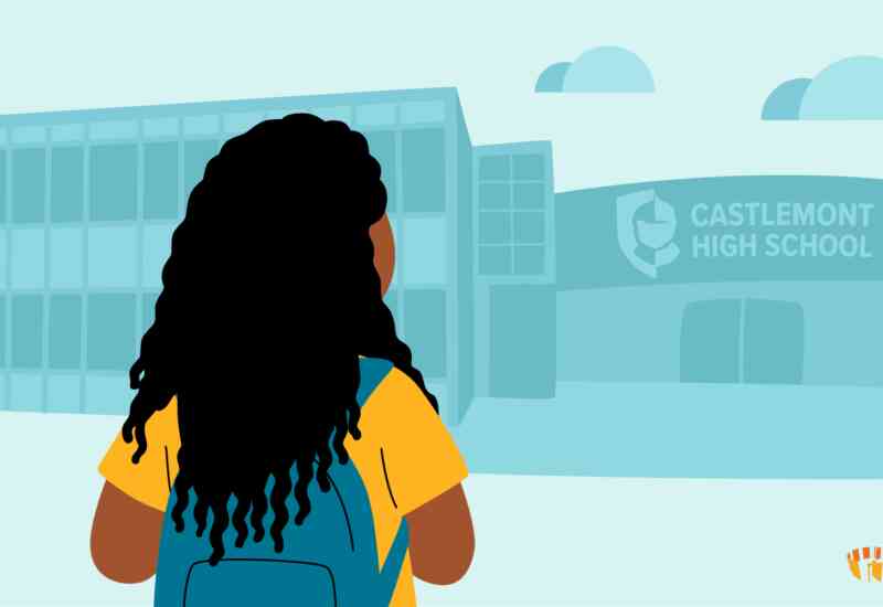 An illustrated image of a young woman walking into her high school, Castlemont High.